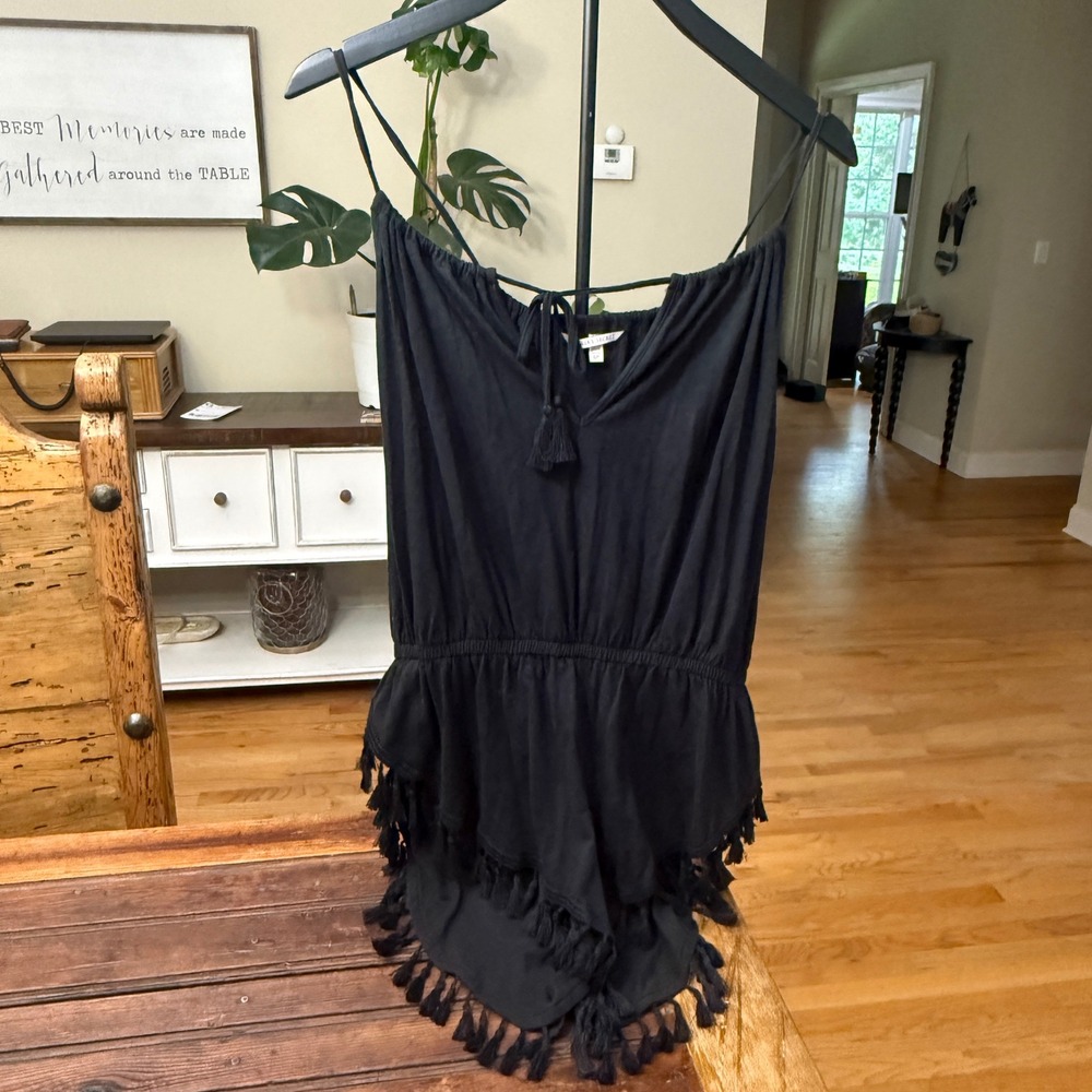 Victorias Secret Black Tassel Fringe Romper Small Beach Coverup Cotton Blend